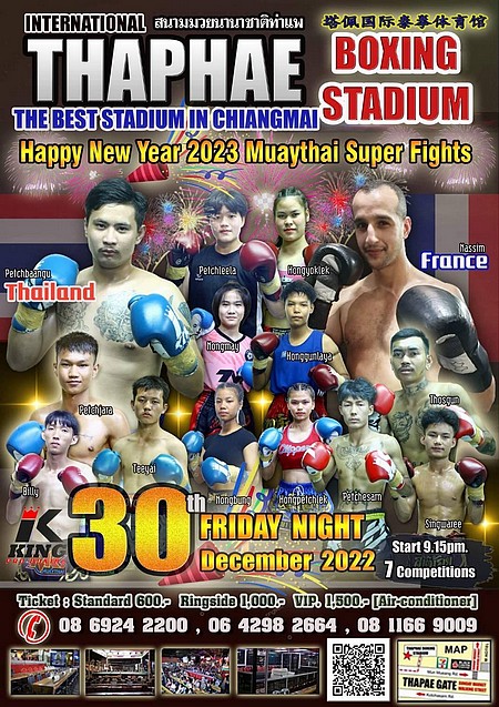 Affiche de combat de boxe thai à Chiang Mai avec combattant français amateur