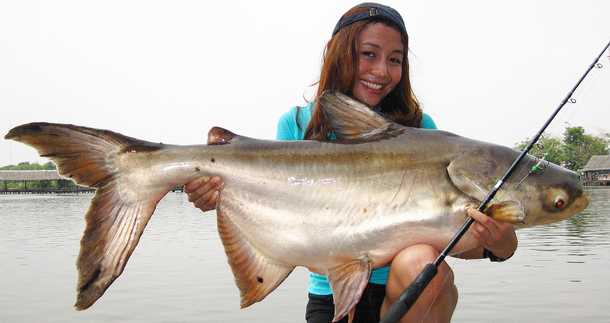 femme thaïlandaise pêchant en eau douce près de Bangkok